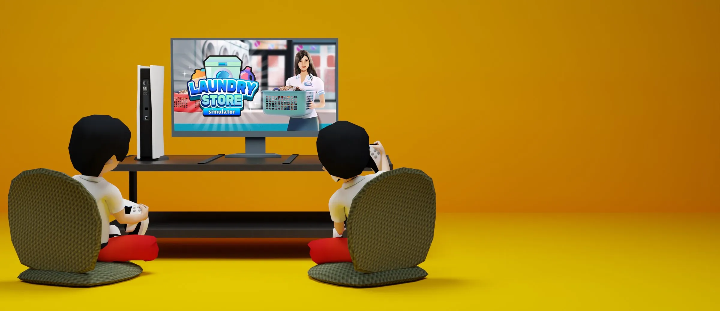 Two players on floor cushions playing Laundry Store Simulator