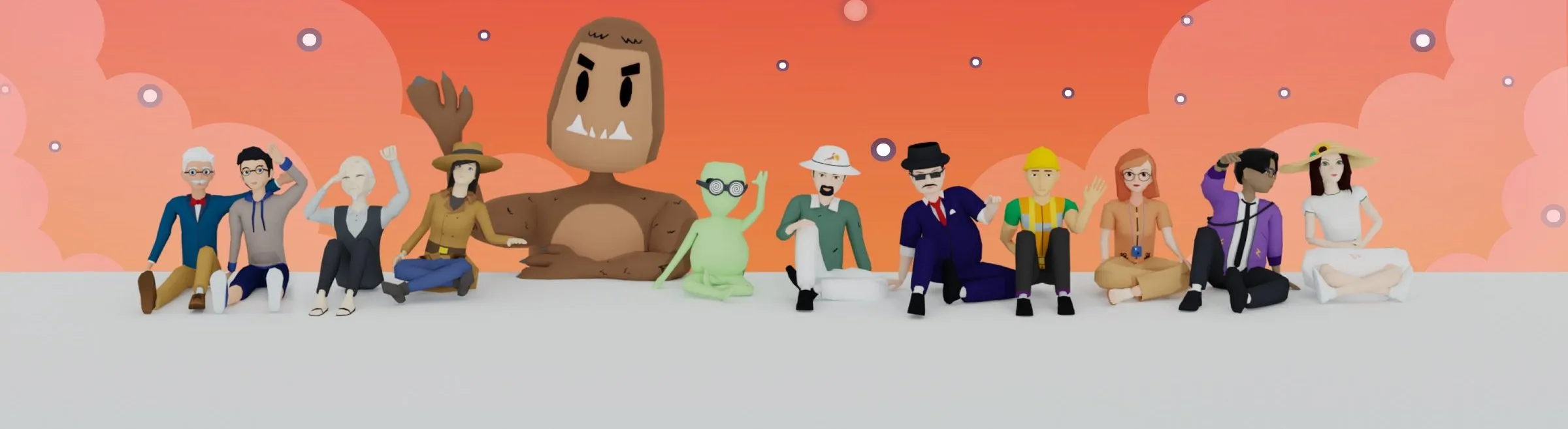 Characters from Akhir Pekan Studio games sitting together